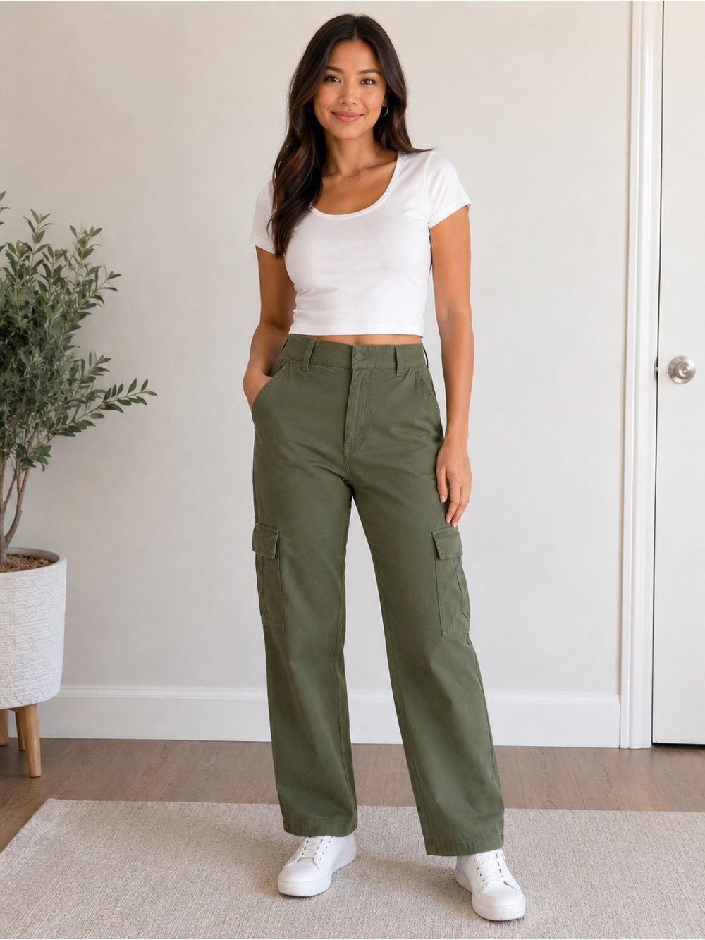 TNA Cargo Pants | Olive Green Wide Leg Utility Pants